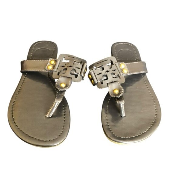Tory Burch Miller Sandals Gunmetal Leather Thong Size 7 Metallic - Picture 6 of 15